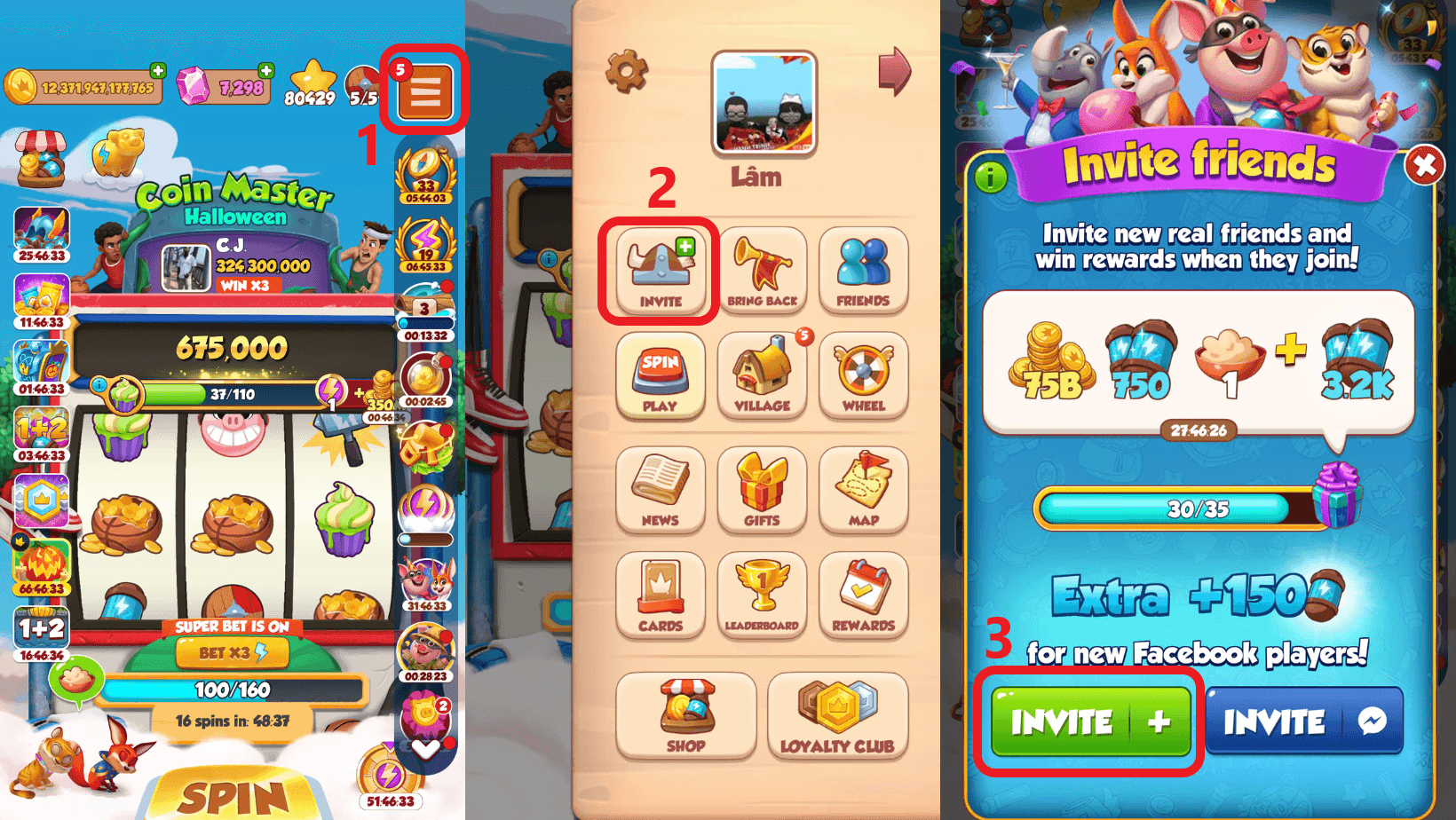 Invite friend - get more spins on coin master
